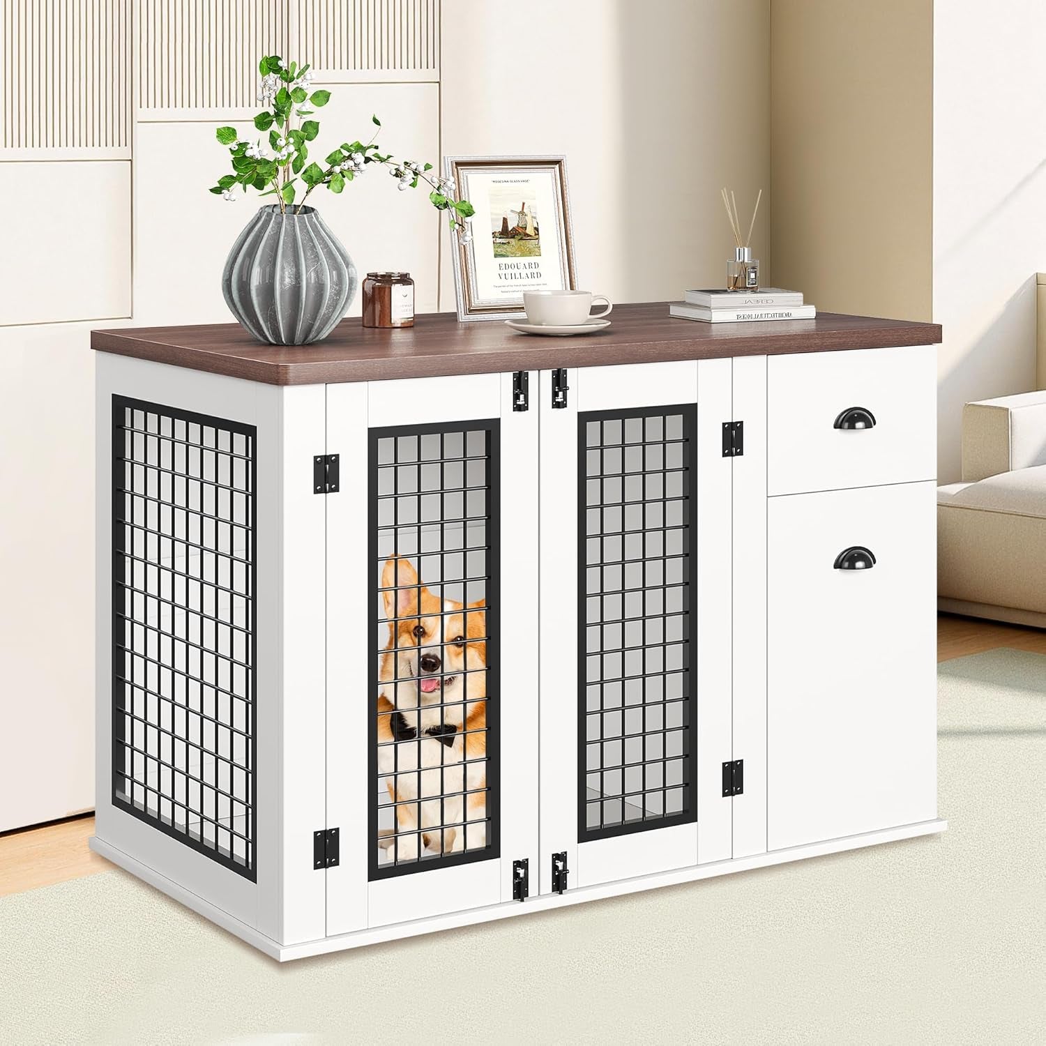 44 Inch Dog Crate Furniture, Large Dog Crate Furniture with Drawer Sand Side Cabinets, Wooden Dogs Kennel Indoor for Small Medium Large Dogs, White
