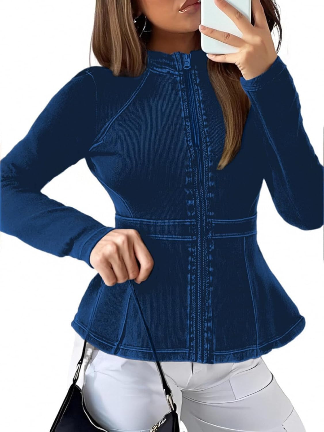 Casual Denim Peplum Jacket for Women Long Sleeve Zip Front Athletic Workout Ruffle Blazer Coats