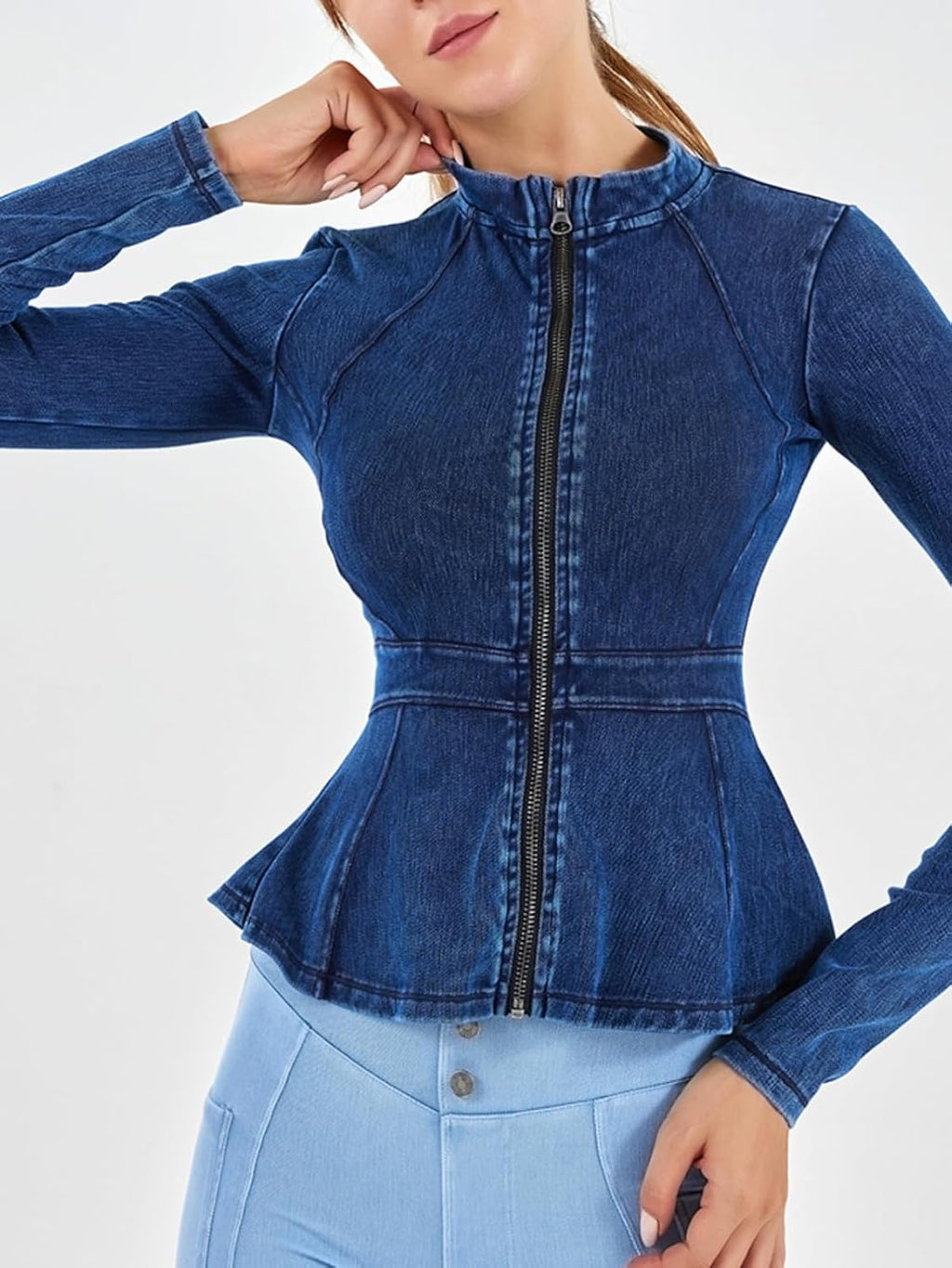 Casual Denim Peplum Jacket for Women Long Sleeve Zip Front Athletic Workout Ruffle Blazer Coats