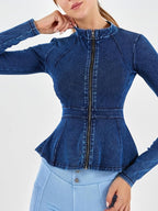 Casual Denim Peplum Jacket for Women Long Sleeve Zip Front Athletic Workout Ruffle Blazer Coats