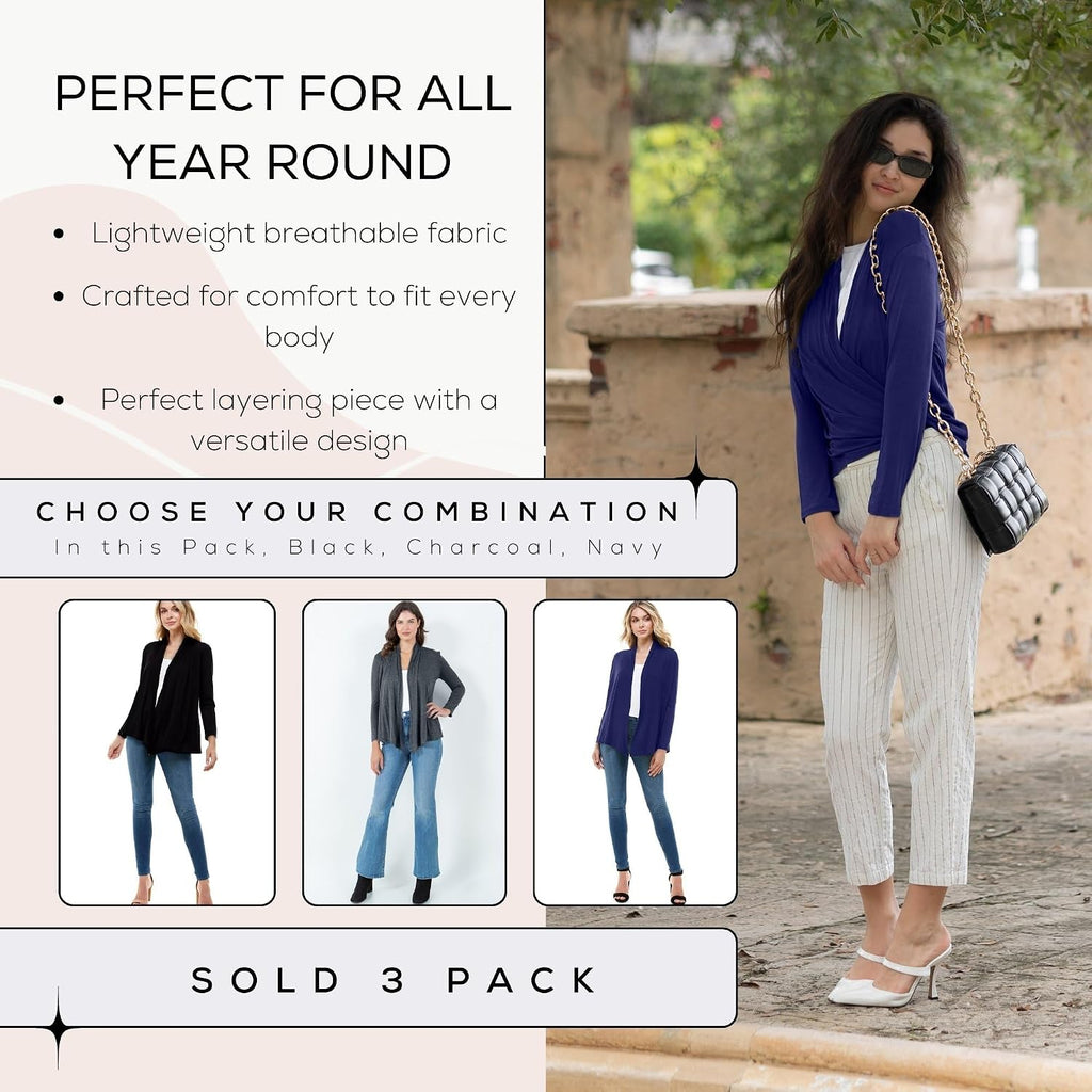 Long Sleeve Womens Cardigan, Thin Lightweight Rayon Sweater Light Cardigans for Women - 3 Pack
