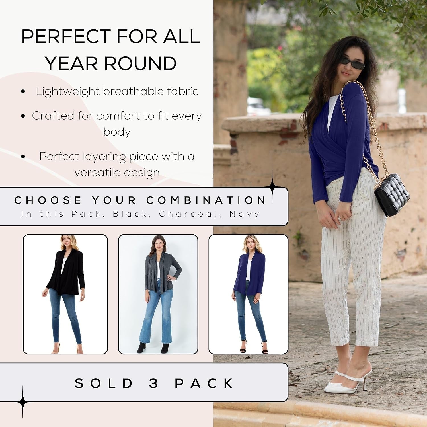 Long Sleeve Womens Cardigan, Thin Lightweight Rayon Sweater Light Cardigans for Women - 3 Pack