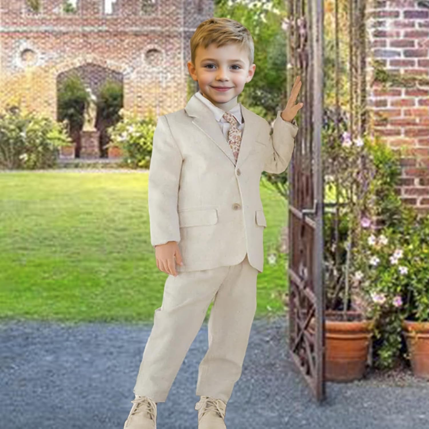 Linen Boys Suit Beach Wedding Suit Summer Slim Fit 2 Pieces Kids Light Weight Linen Suit Jacket Vest Pant White