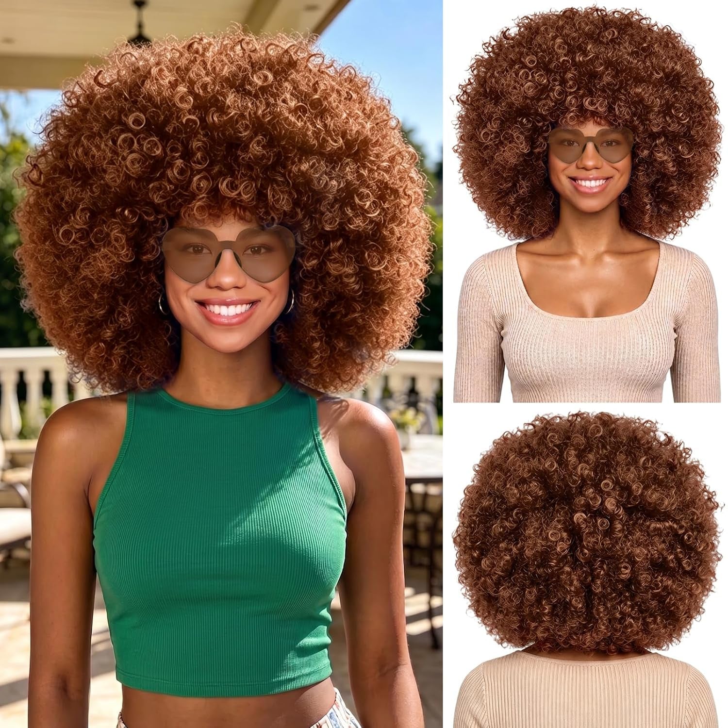Brown Curly Afro Wig Heart Sunglasses for Women Men, Large Fluffy Funny Disco Afro Wigs Short Party Synthetic Hair with Bangs Hair Net 70S Outfits for Women Bachelorette Party Night Club