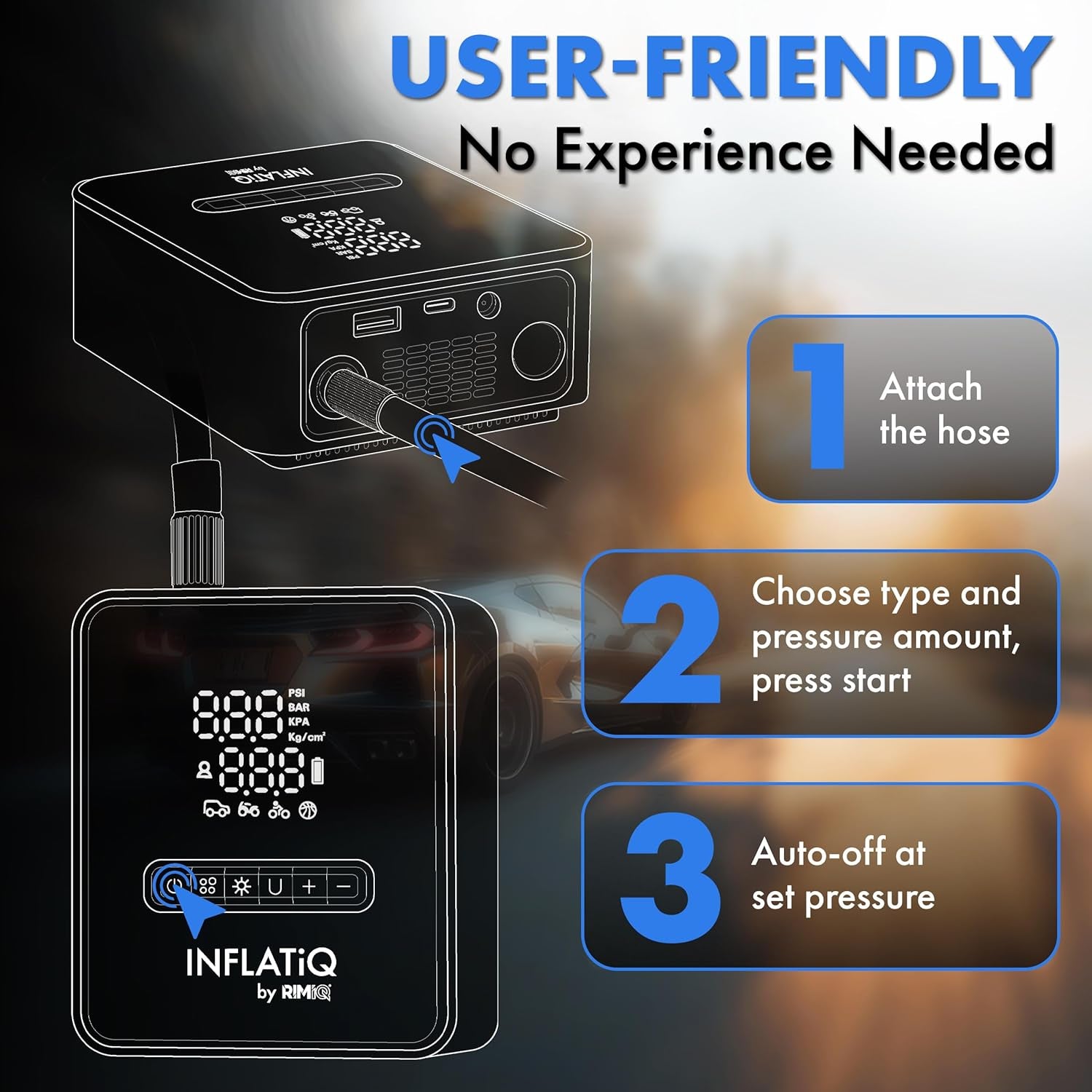 Inflatiq by  Tire Inflator Blue - Powerful, Award-Winning QWIKFLOW Technology with 2 Portable Power Options Included - Strong Vehicle Air Pump for Trucks, Cars, Motorcycles, Bicycles, Balls