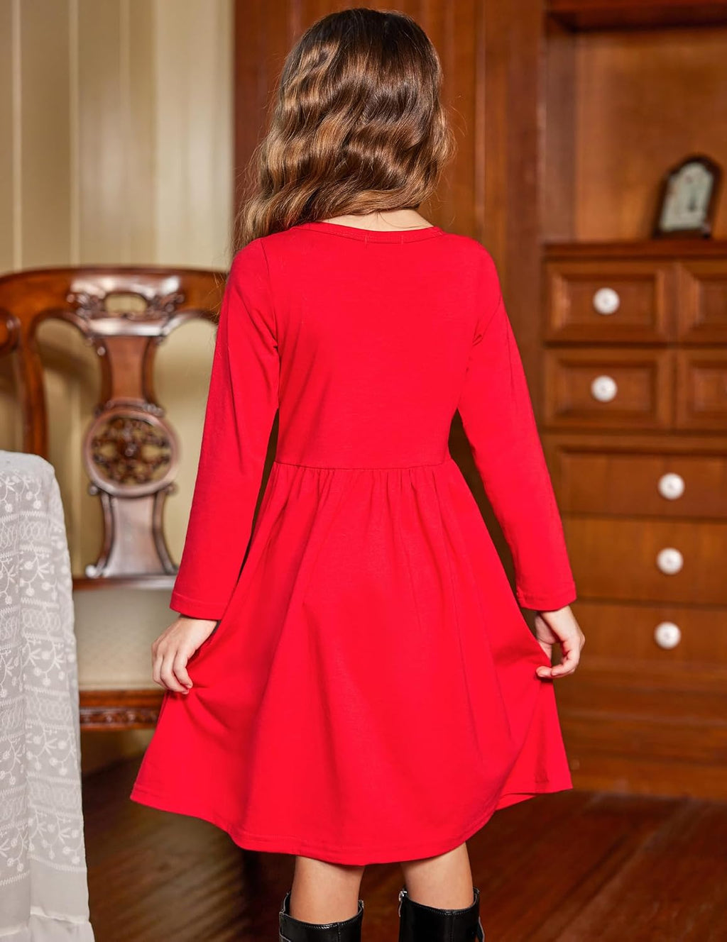 Girl'S Button Dresses down Long Sleeve Sundress A-Line Dress With