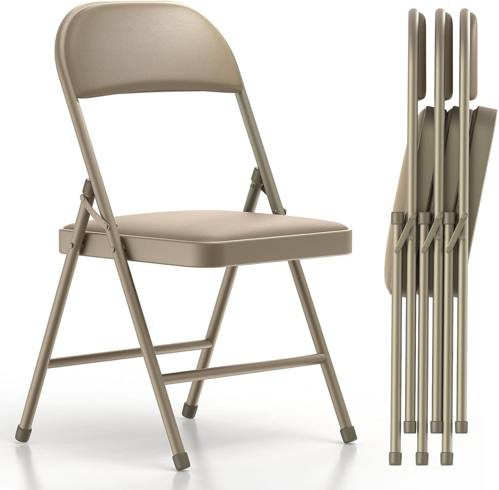 Folding Chairs with Padded Vinyl Cushion Chairs with Comfortable Cushion and Durable Steel Frame for Home and Office, for Indoor and Outdoor Events (Kahki, Vinyl, 4 Pack)