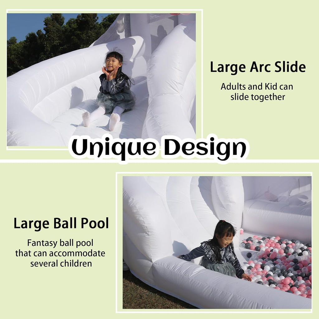 16FT Commercial White Bounce House for Kids & Adults with Slide & Ball Pit | 100% PVC Inflatable Bounce House with Slide, Ball Pit and Blower, Ideal for Weddings, Parties, Backyard Events and Family Fun