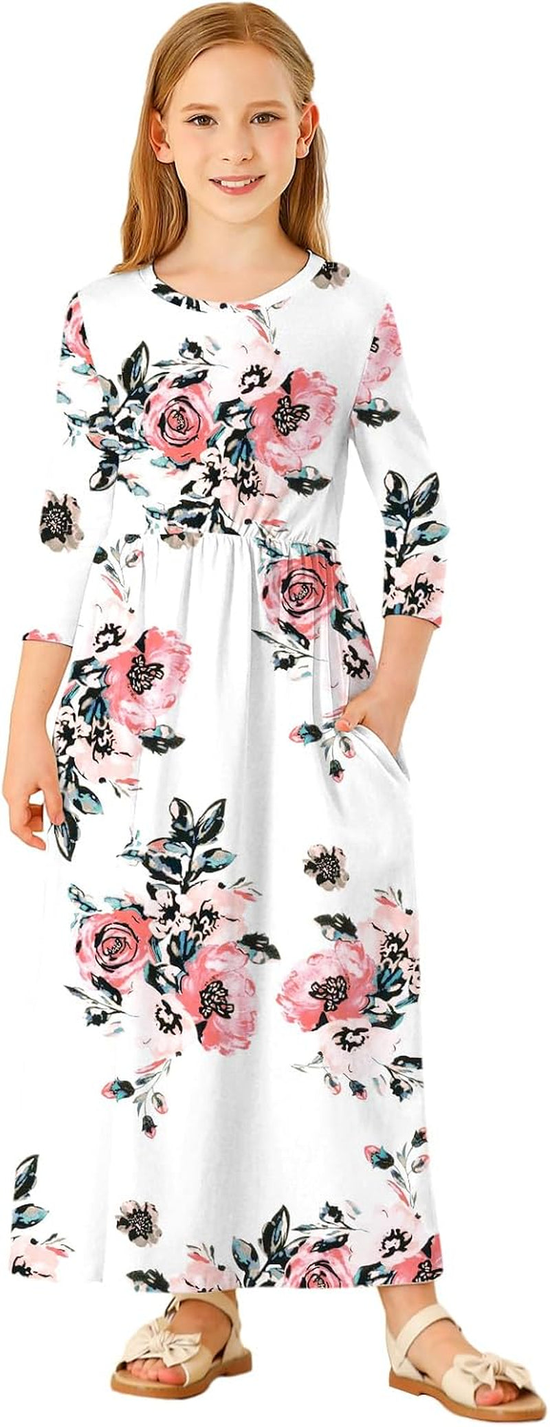 Girls Maxi Dress Floral 3/4 Long Sleeve Dresses with Pockets for Girls 6-12 Years