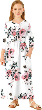 Girls Maxi Dress Floral 3/4 Long Sleeve Dresses with Pockets for Girls 6-12 Years