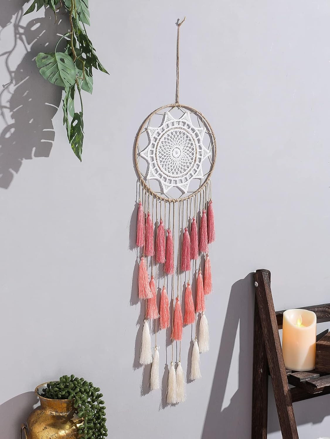 Macrame Dream Catcher Wall Hanging, Pink Large Boho Bedroom Decor | Handmade Tassel Feather Ornament, Natural Cotton, Modern Chic Living Room Nursery Art Decor, Blessing Gift for Women Girls