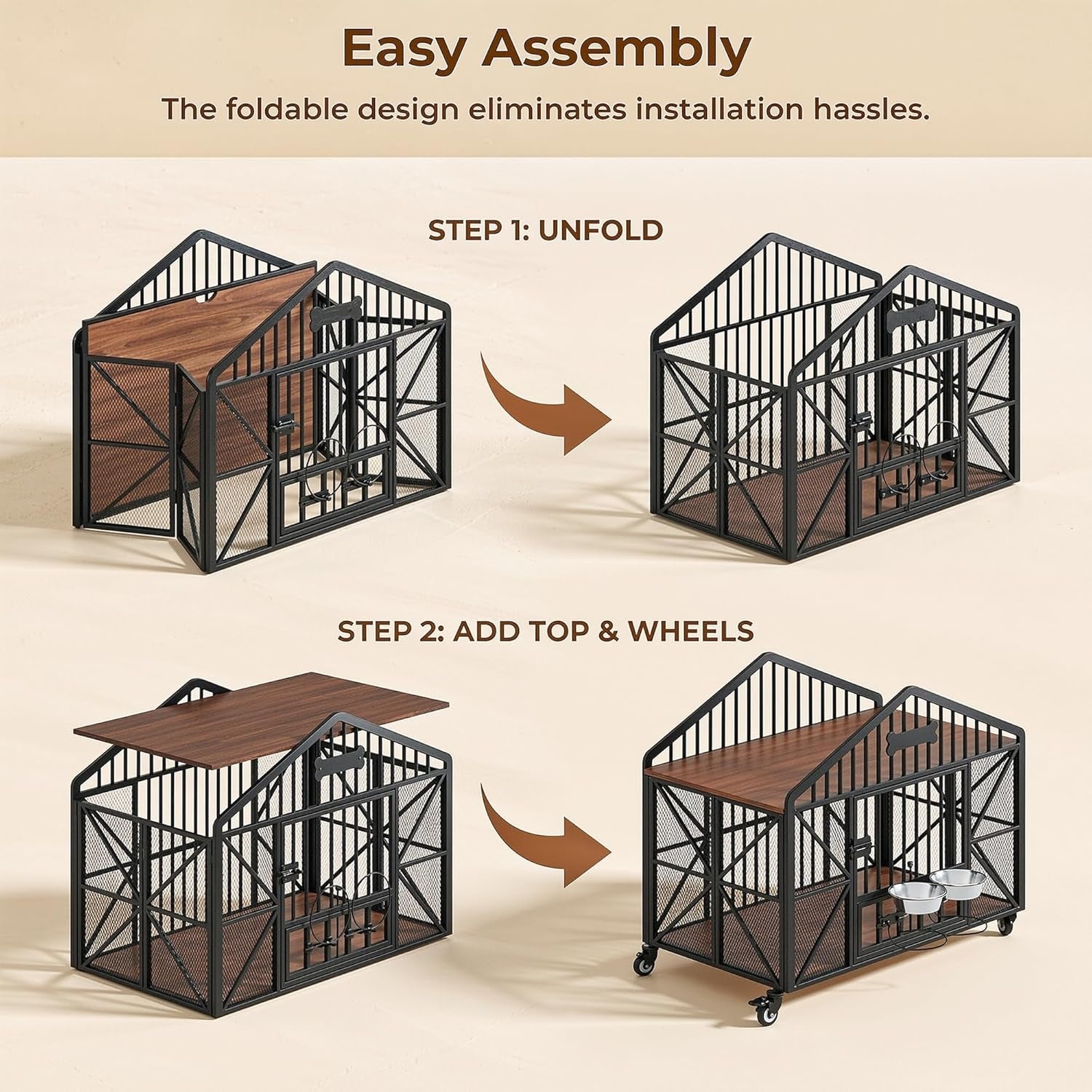 41.5" Foldable Dog Crate Furniture with 5 Wheels & Rotating Bowls | No Assembly. Foldable Frame. 5-Wheel Base. 2 Rotating Bowls. for Small/Medium Dogs. 41.5"L X 24.8"W X 35.1"H. Rustic Brown.