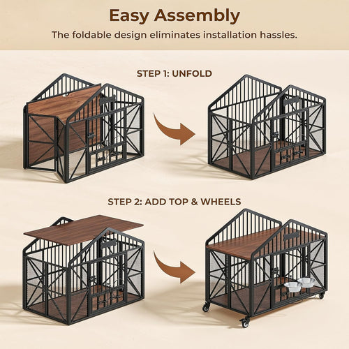 41.5" Foldable Dog Crate Furniture with 5 Wheels & Rotating Bowls | No Assembly. Foldable Frame. 5-Wheel Base. 2 Rotating Bowls. for Small/Medium Dogs. 41.5"L X 24.8"W X 35.1"H. Rustic Brown.