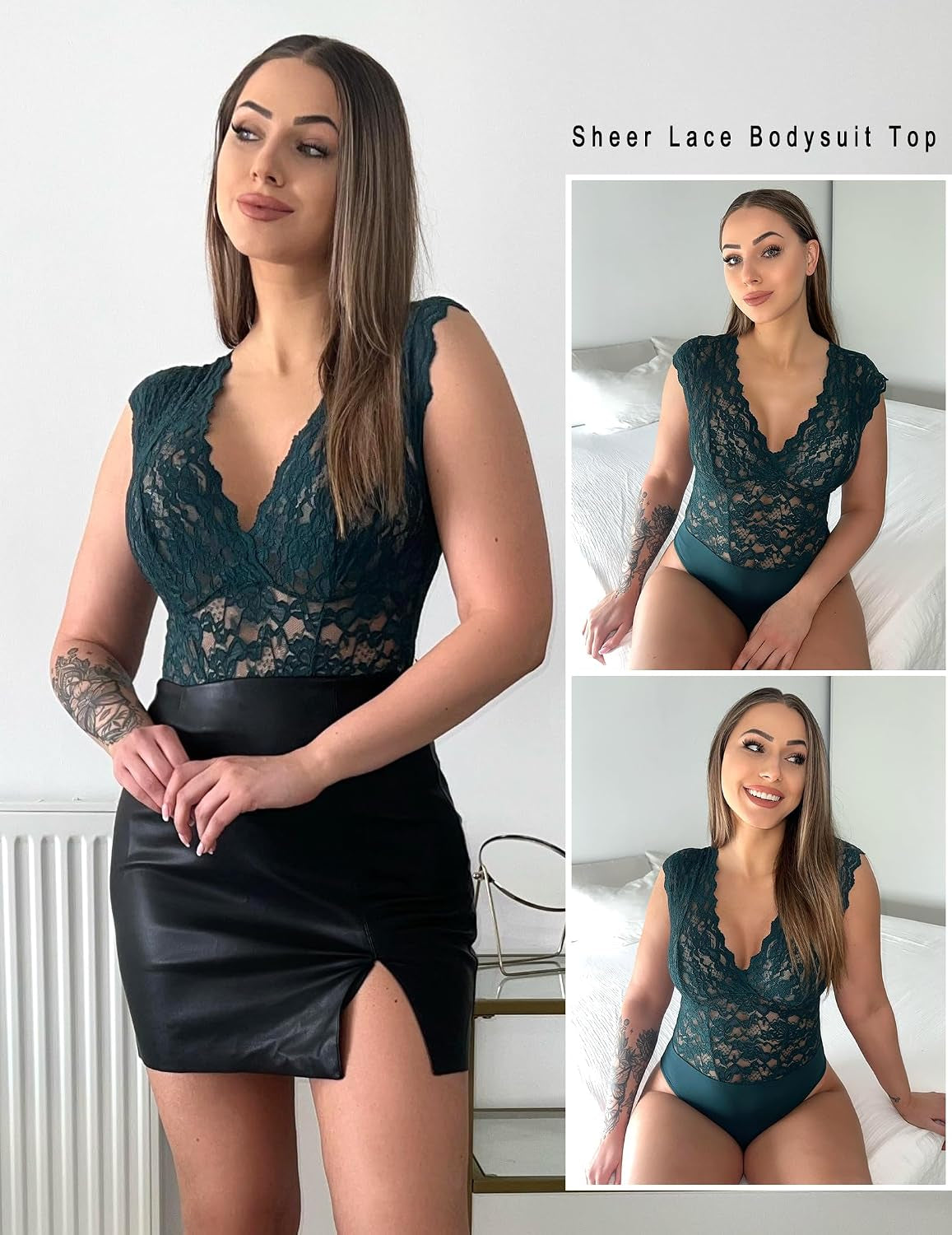 Lace Bodysuits for Women Sexy V Neck Sheer Bodysuit Tops Snap Crotch One Piece Teddy