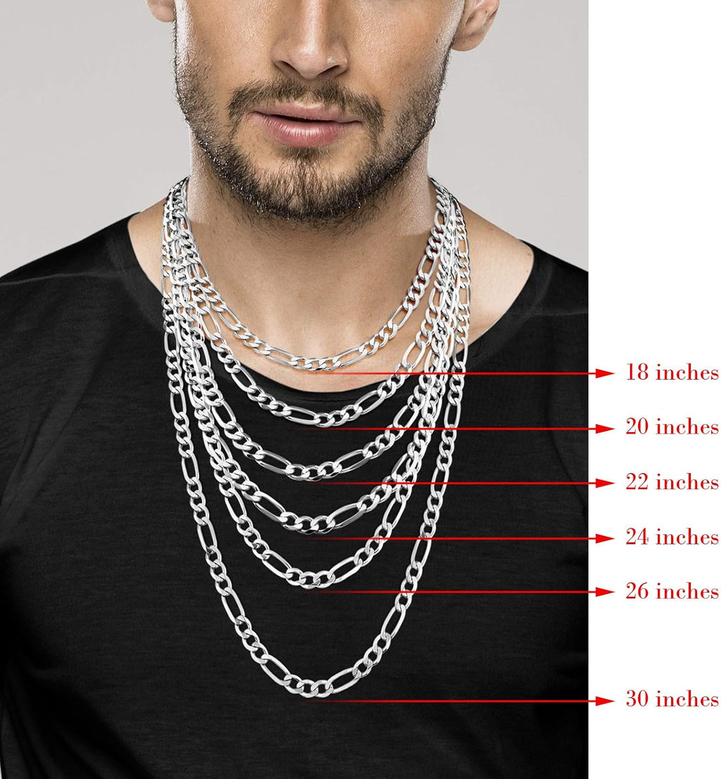 Italian 925 Sterling Silver 7Mm Figaro Chain for Men Necklace | Fine Jewelry, Solid Diamond-Cut Link, Made in Italy