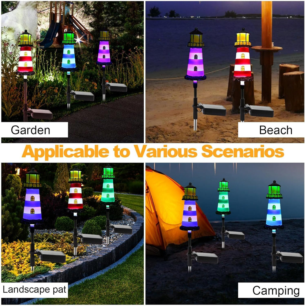 2 Pack Solar Lighthouse Lights, IP65 Waterproof Outdoor Pathway Stake Lights, Auto Dusk to Dawn Solar Powered Nautical Landscape Decor Lights for Lawn, Flower Bed, Patio, Walkway