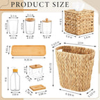 9-Piece Handwoven Wicker Bathroom Set, 15L / 4 Gallon Natural Water Hyacinth Trash Can, Tissue Holder, Soap Dispenser, Toothbrush Cup, Vanity Tray & Storage Jars