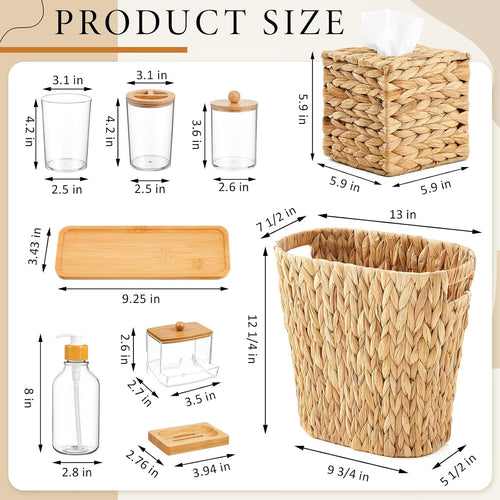 9-Piece Handwoven Wicker Bathroom Set, 15L / 4 Gallon Natural Water Hyacinth Trash Can, Tissue Holder, Soap Dispenser, Toothbrush Cup, Vanity Tray & Storage Jars