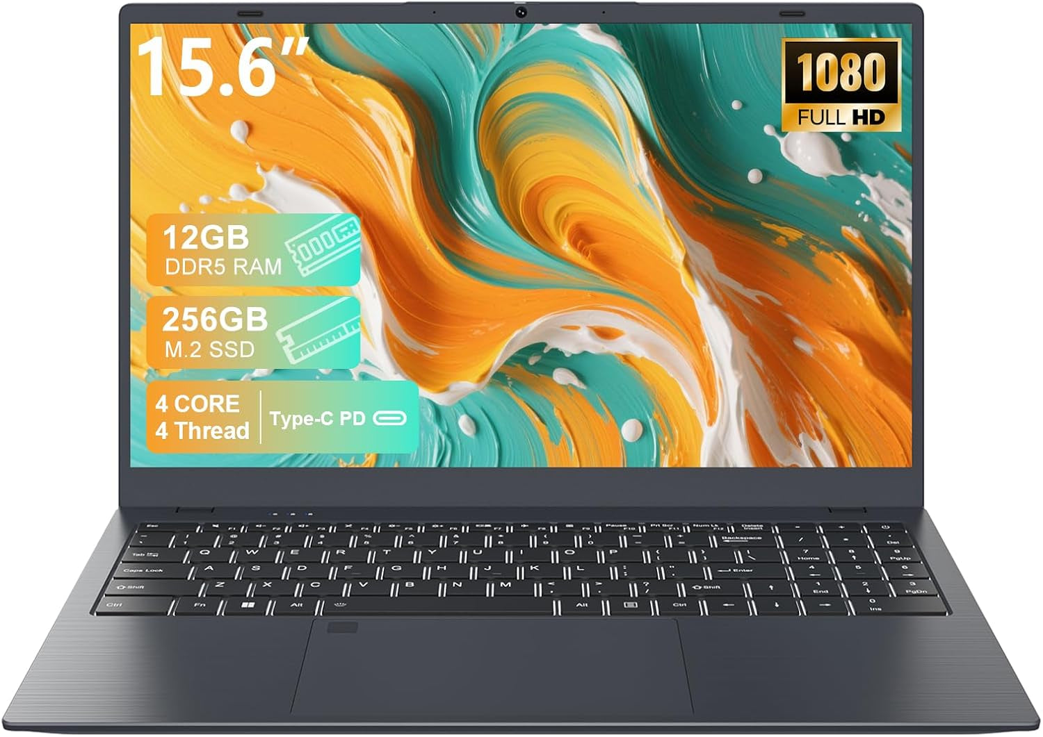 Laptop Computer, 15.6" FHD IPS Display, N95 Processor (Beat N5095), 12GB High-Speed DDR5 RAM 256GB SSD, Wifi 6 BT 5.3, Fingerprint , Backlit Keyboard, Lightweight Notebook for Business Student Office