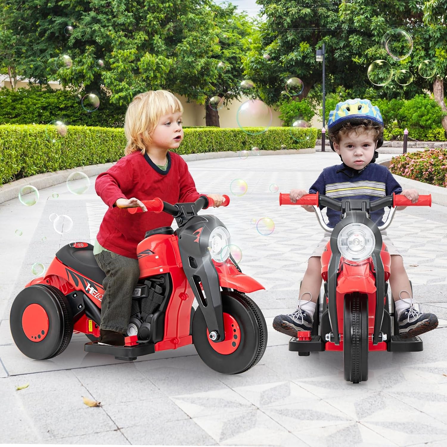 Kids Motorcycle, 6V Electric Ride on Car with Automatic Bubble Function, Foot Pedal, Headlight, Music, 3 Anti-Skip Wheels Vehicle for Children, Toddler Ages 3+