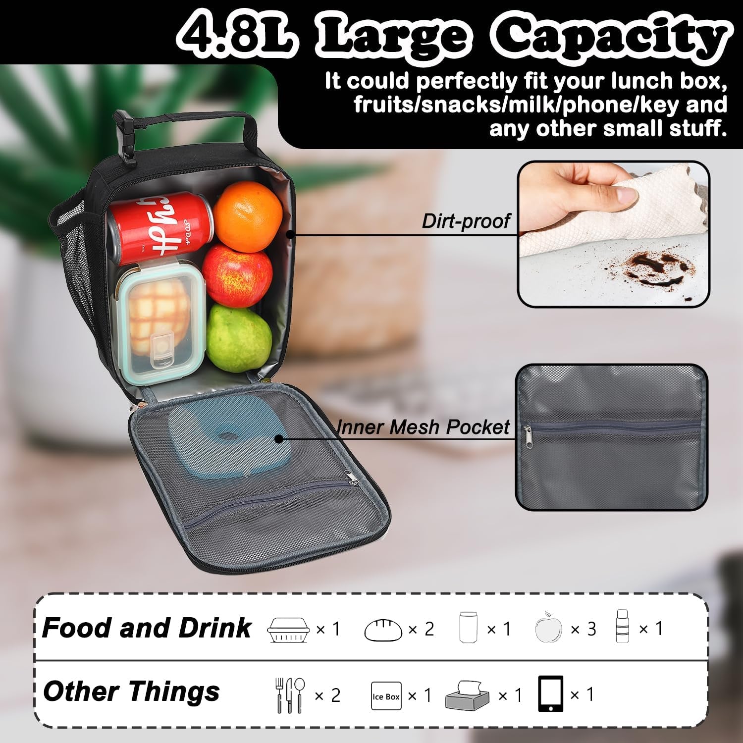 Lunch Box Insulated Soft Bag Mini Cooler Back to School Thermal Meal Tote Kit with Buckle and Mesh Side Pocket for Girls, Boys, Blackwithletter