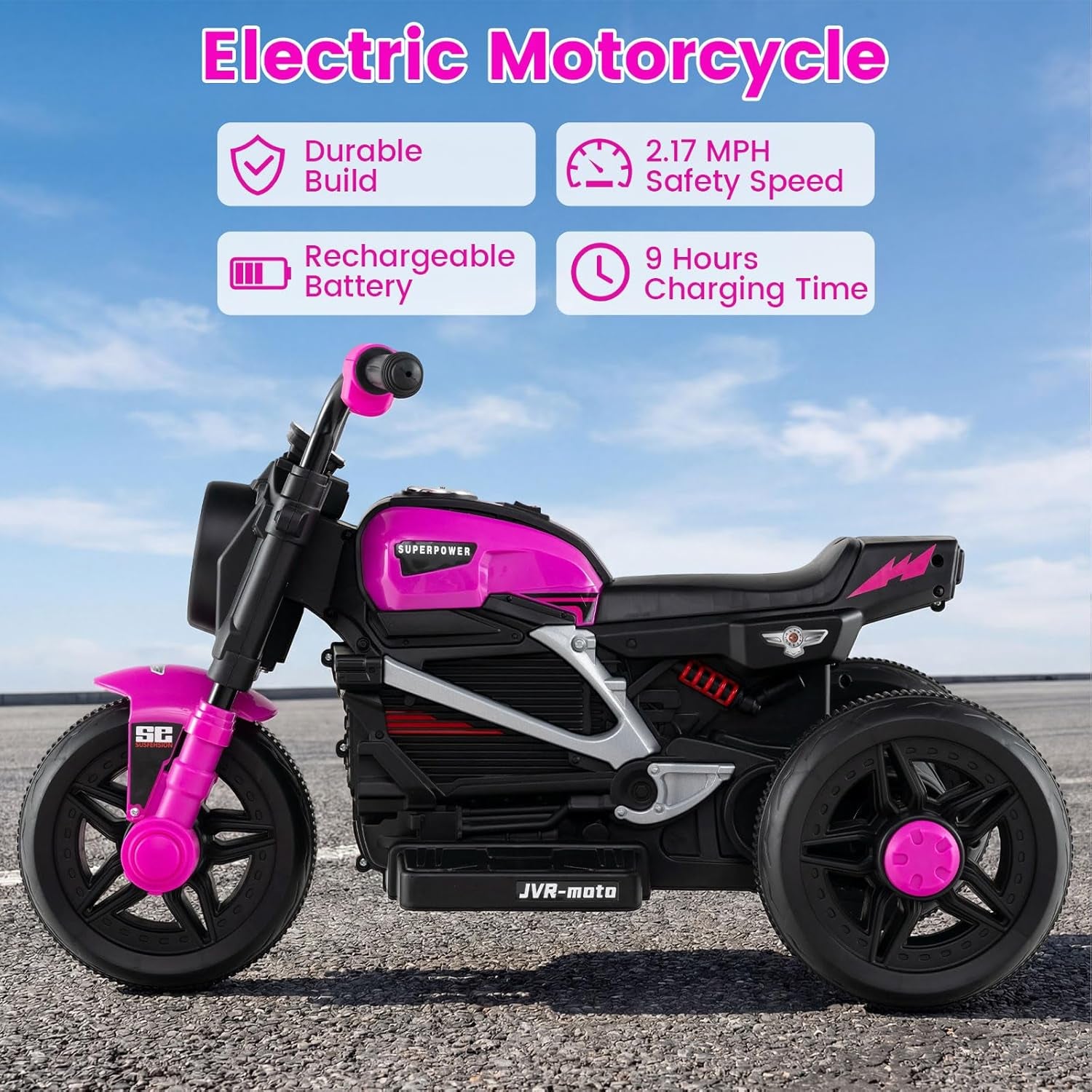 6V Kids Motorcycle with Forward & Reverse Switch, Headlight, Horn, Music, Story, USB Port, 3-Wheel Battery Powered Electric Ride on Toys for Toddler Boys Girls (Pink)