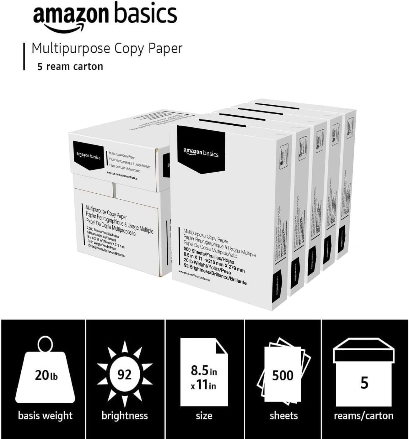 Multipurpose Copy Printer Paper, 20 Lb, 8.5 X 11 Inches, 5 Reams (2,500 Sheets), 92 Bright White