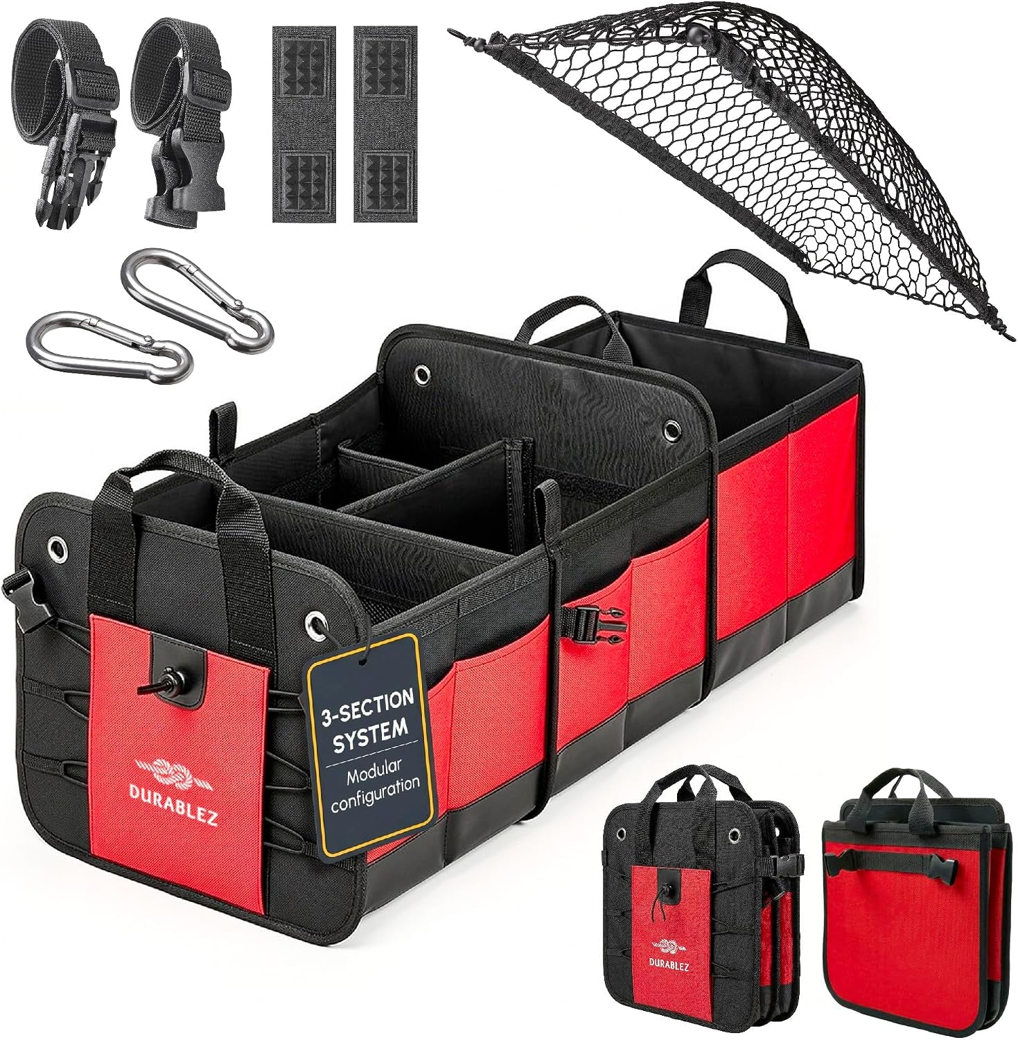 XL Trunk Organizer 3-Section Modular – Extra Large Car Storage for Groceries & Travel Gear, Multi-Compartment Foldable Cargo Bin – Red
