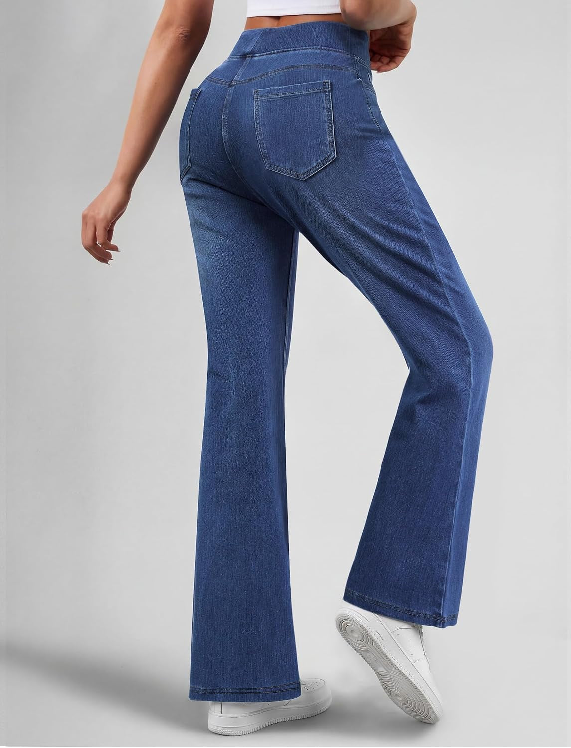 Women’S Trendy Stretchy Flare Jeans Pull on Casual Denim Pants | High Waisted Jeans with Pockets, Bootcut Leg, Soft Stretch Denim, Elastic Waist, Loose Fit, Casual Daily Wear, Work, Travel