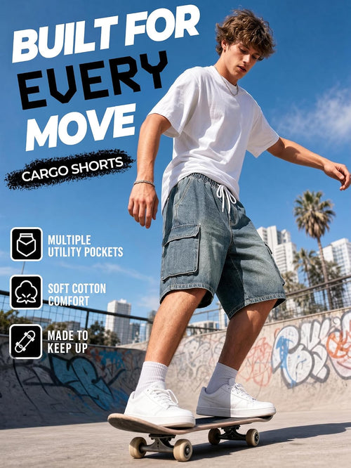 Baggy Jean Shorts Men, Y2K Jorts Cargo Ripped Elastic Waist, Mens Denim Shorts Comfy Casual Streetwear Summer