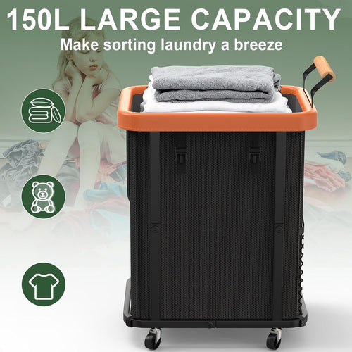 150L Laundry Basket with Wheels,Rolling Basket Hamper with Lid&Handle Black | Laundry Organizer Storage Cart with Heavy Duty Sturdy Metal Frame for Home, Hotel, Laundry Room