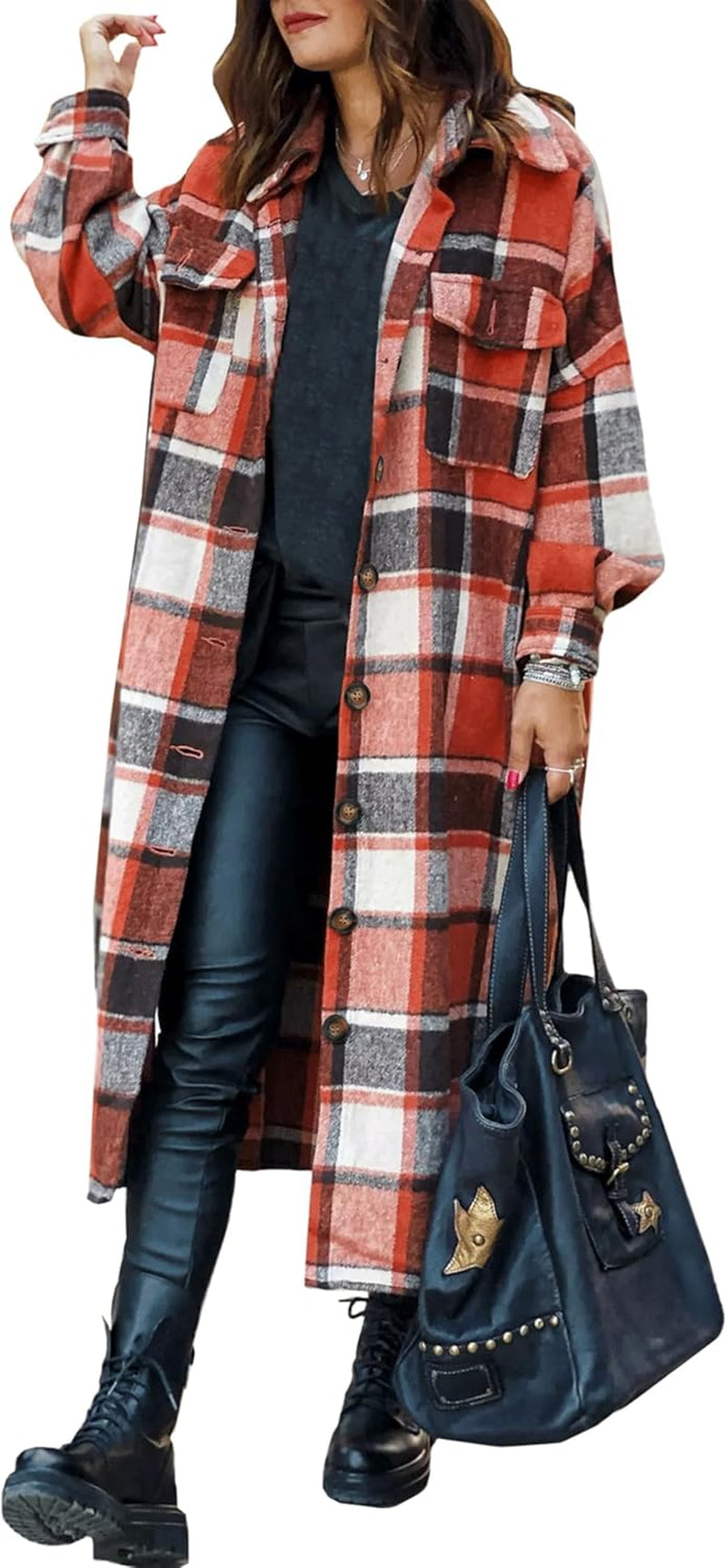 Women Oversized Plaid Shacket Long Fall Flannel Shirt Jacket | Button down Flannel Coat with 2 Pockets, Drop Shoulder, Long Sleeve, Curved Hem, Casual Woolen Shacket 2026