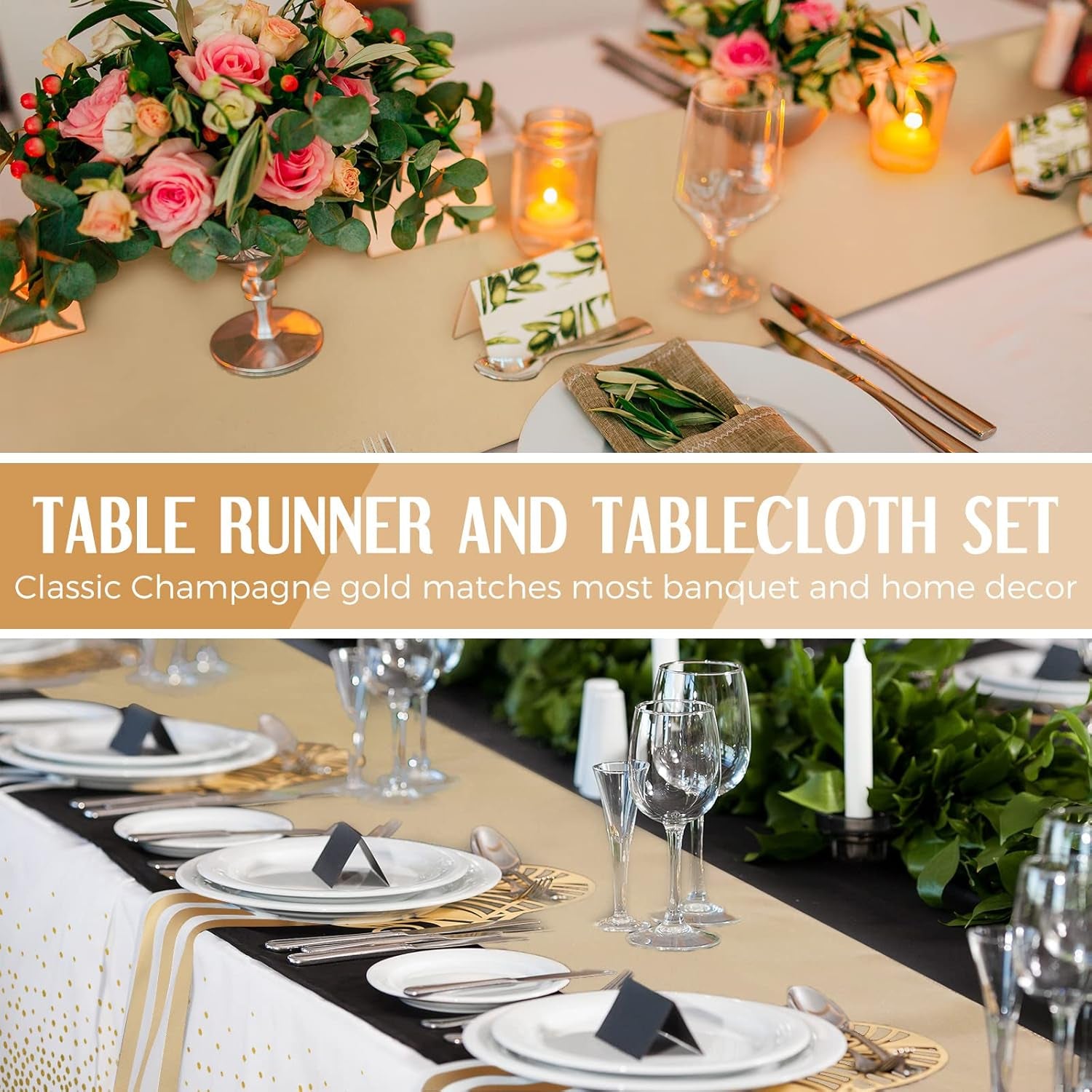 8 Pack White and Gold Disposable Plastic Tablecloths and Satin Table Runner Set, 54 X 108 Inch Tablecloth, 12 X 108 Inch Table Runners for Wedding First Communion Baby Shower Graduation