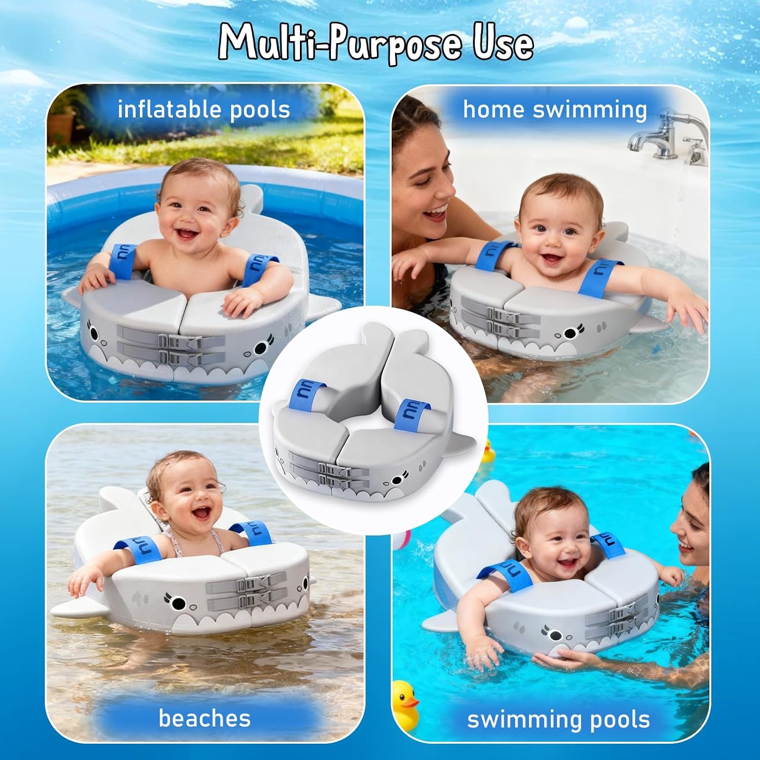 Non-Inflatable Baby Arm Floats with Solid Soft Pearl Foam, Swim Floats Adjustable Design Spring Swim Water Pool Float for 3-36 Months Kids Beach Essentials