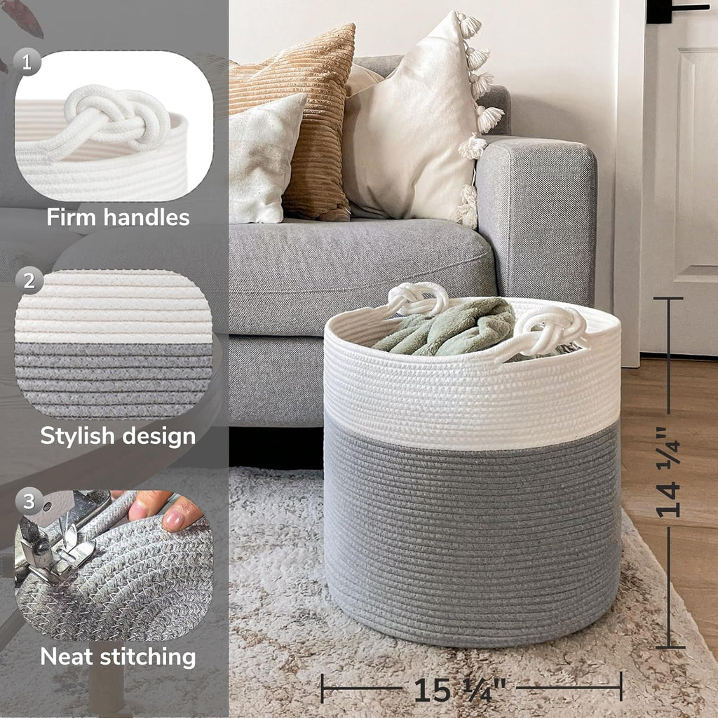 Woven Rope Blanket Basket Living Room, 40L, Grey | Small Laundry Basket for Organizing Baby Clothes, Blankets & Pillows, Great for Bedroom Nursery Home Décor