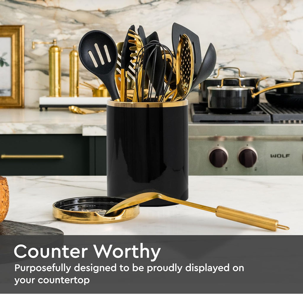 Black and Gold Utensil Holder with Built-In Spoon Rest | 2-Piece Black and Gold Spatula Holder, Kitchen Accessory, Utensils Not Included