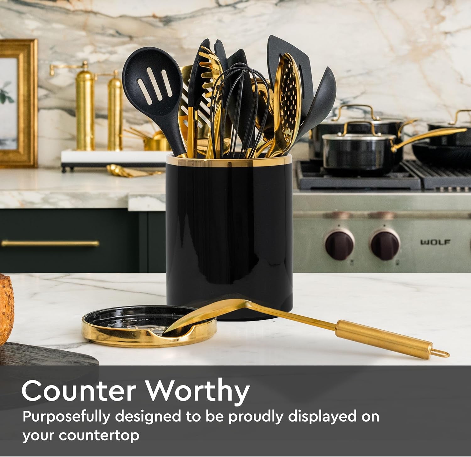 Black and Gold Utensil Holder with Built-In Spoon Rest | 2-Piece Black and Gold Spatula Holder, Kitchen Accessory, Utensils Not Included