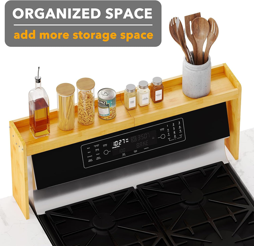 Bamboo over the Stove Spice Holder Shelf, 31.5" Kitchen Organizer Stove Spice Top Rack, 11.6" Height Countertop Storage, over Oven Back Sink Organization Shelf, Natural