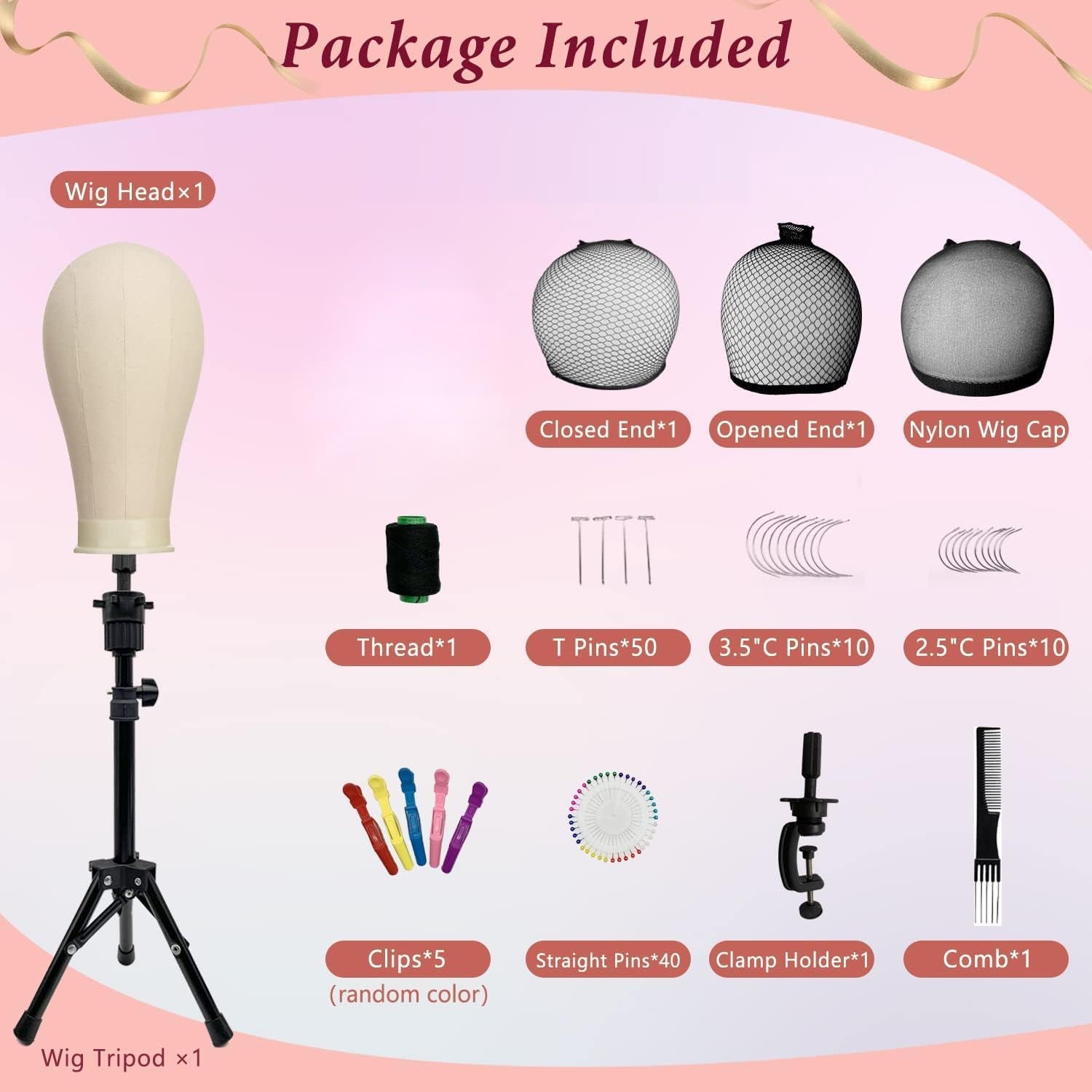 22 Inch Canvas Block Head Mannequin Wig Head, Wig Stand Tripod with Head, Mannequin Head Wig Display Styling Head, Manikin Block Head Set for Wigs Making Display with Wig Caps, T+C Pins Set&Brush