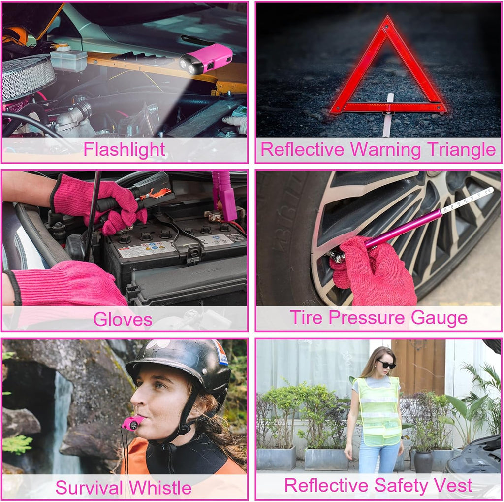 Roadside Emergency Car Kit for Vehicles, Pink Emergency Roadside Assistance Kit with Car First Aid Kit, Thoughtful Car Emergency Kit for Women, Men, New Drivers and Adventurers Gifts