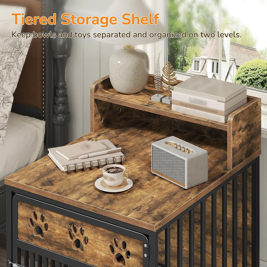 Dog Crate Furniture, Wooden Dog Kennel with Storage, Indoor Pet Crate End Table, Two-Tier Small Dogs House, Chew-Proof, for Living Room, Bedroom, Black and Rustic Brown DC01BR