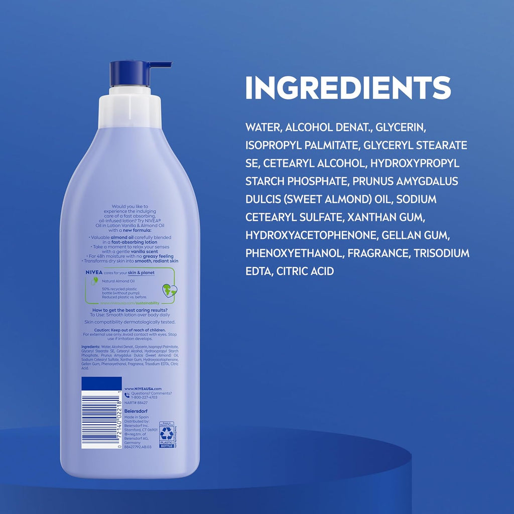 Oil in Lotion Body Lotion, Vanilla and Almond Oil, 3 X 16.9 FL OZ | Vanilla Scented Lotion Enriched with Almond Oil, Instant Smooth Skin Feel, Fast-Absorbing, Non-Greasy, 48-Hour Moisturizer