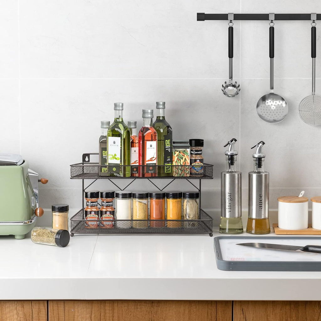 2 Tier Metal Kitchen Counter-Top or Wall Mount Spice Rack, Jars Storage Organizer, Cabinet Holder, Spice Seasoning Organizer for Partry (Bronze)