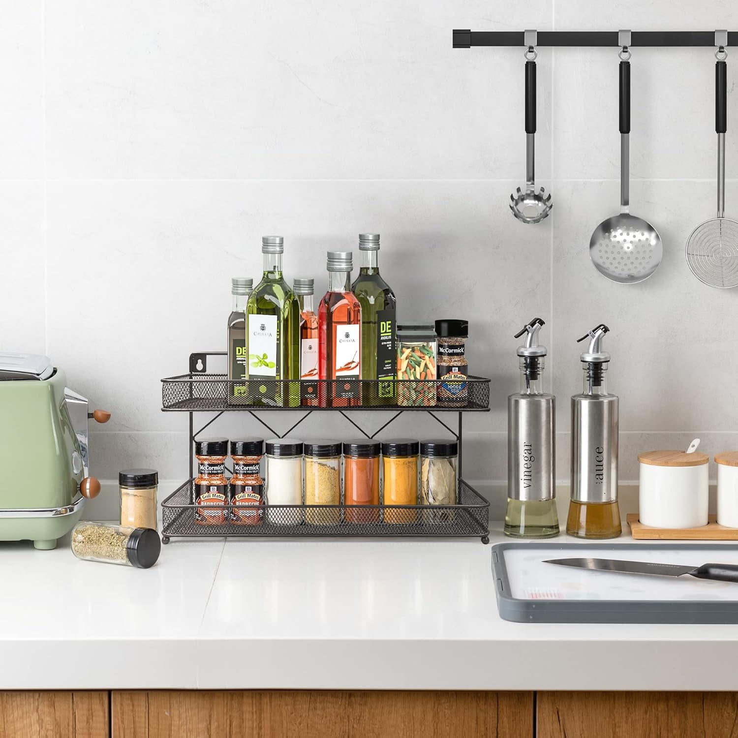 2 Tier Metal Kitchen Counter-Top or Wall Mount Spice Rack, Jars Storage Organizer, Cabinet Holder, Spice Seasoning Organizer for Partry (Bronze)