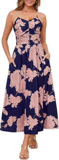 Women'S Summer Adjustable Spaghetti Strap Ruched Maxi Sun Dress | Dress with Pockets, Lined Bodice, Boho Floral Print, Perfect Summer Dress for Wedding Guest, Beach, Vacation, Resort Wear
