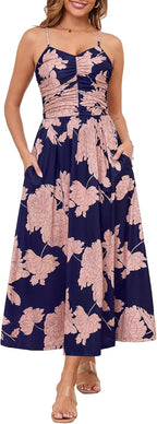 Women'S Summer Adjustable Spaghetti Strap Ruched Maxi Sun Dress | Dress with Pockets, Lined Bodice, Boho Floral Print, Perfect Summer Dress for Wedding Guest, Beach, Vacation, Resort Wear