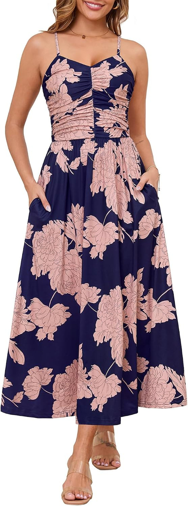Women'S Summer Adjustable Spaghetti Strap Ruched Maxi Sun Dress | Dress with Pockets, Lined Bodice, Boho Floral Print, Perfect Summer Dress for Wedding Guest, Beach, Vacation, Resort Wear