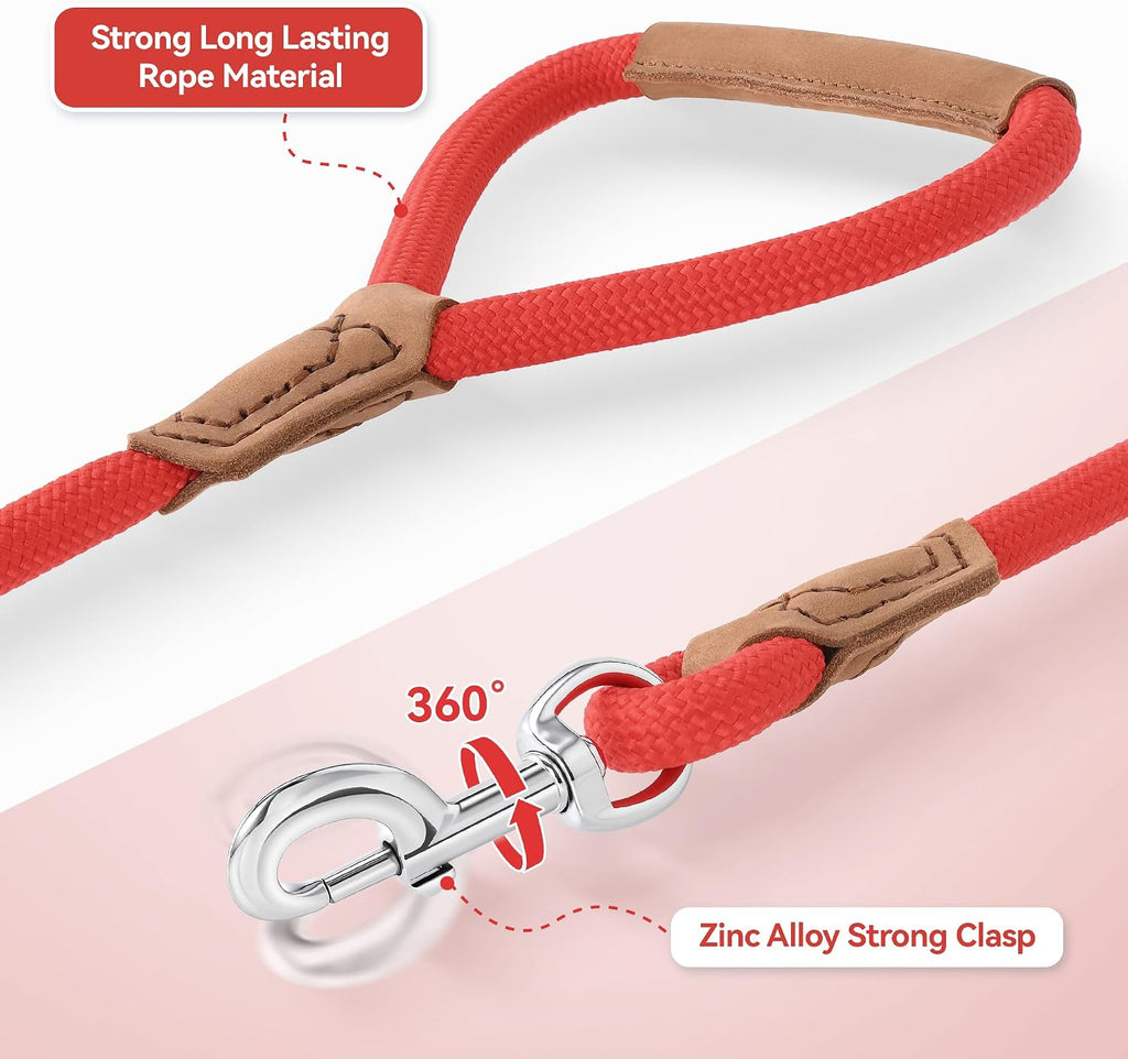 Dog Leash with Genuine Leather Connection/Handle, 4/5/6 FT | Rope Leash, Heavy Duty 360° Swivel Metal Clasp, for Small Medium & Large Dogs