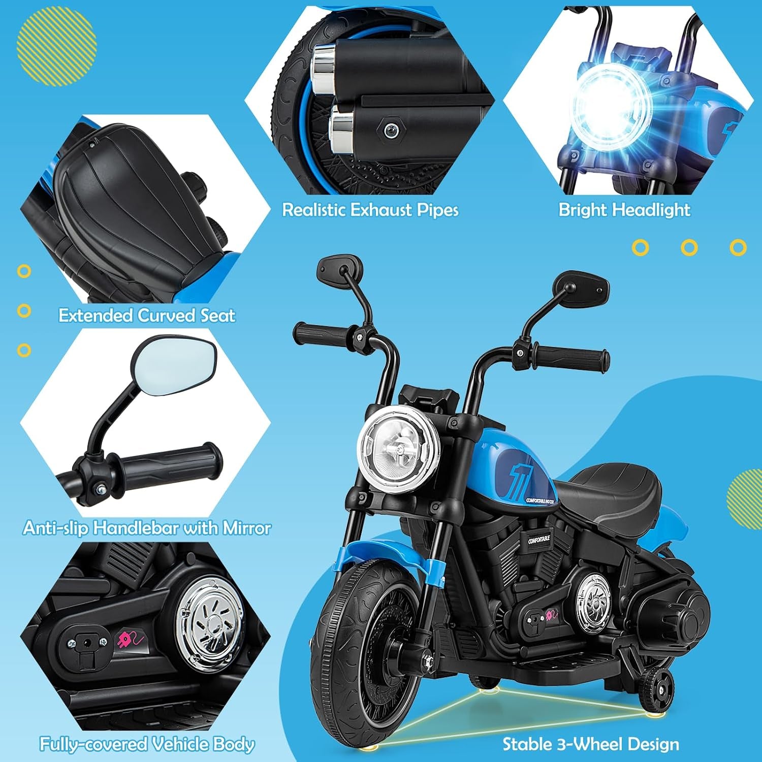 Ride on Motorcycle, 6V Toddler Motorcycle with LED Light, Music, Foot Pedal, Forward/Backward, Soft Start, 3-Wheel Battery Powered Electric Motorcycle for Kids, Gift for Boys Girls (Blue)