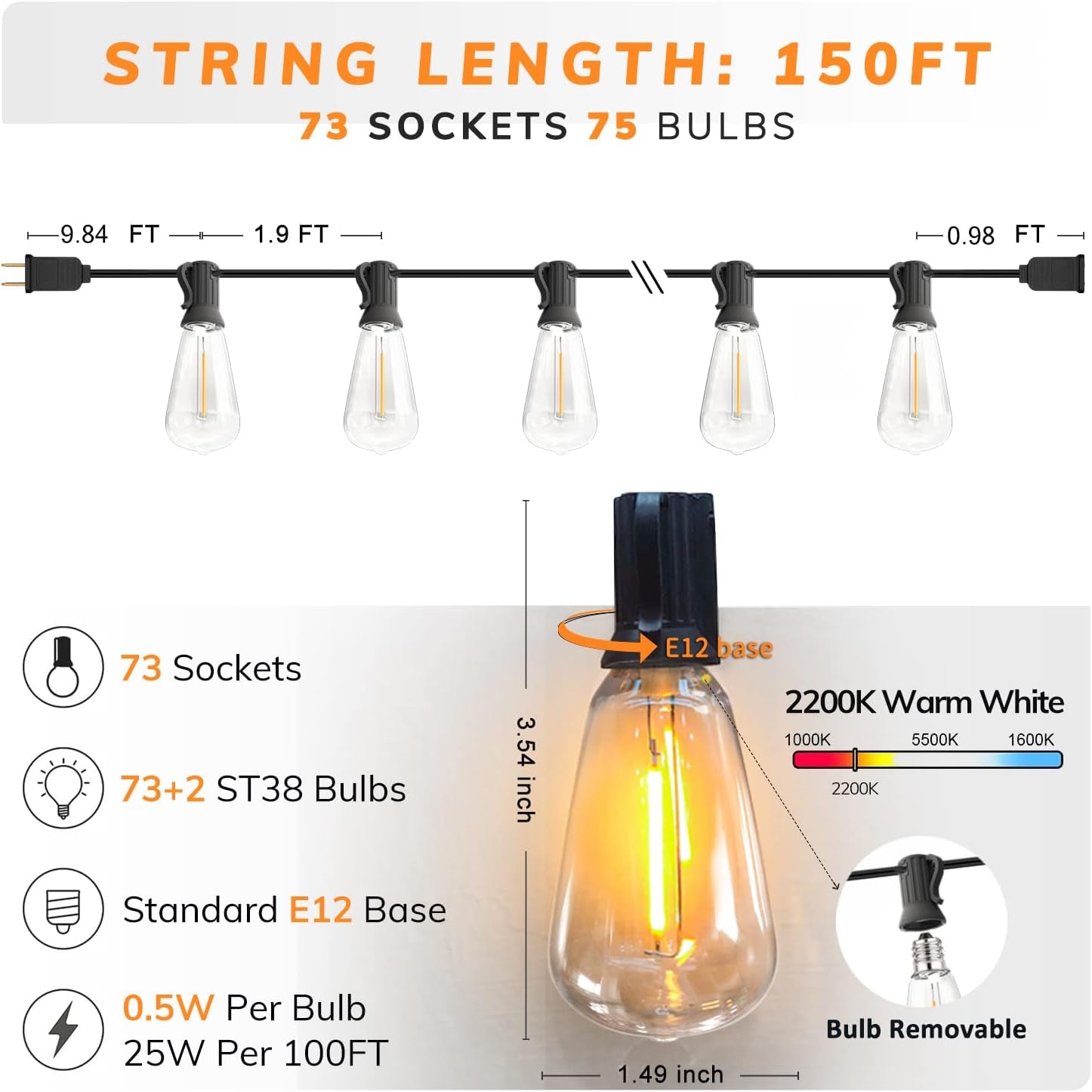 Outdoor String Lights 150FT LED ST38 Edison Vintage String Lights Outdoor Dimmable Warm 2200K with 75 Shatterproof Bulbs Plastic String Lights Waterproof for Patio Bistro Gazebo Lights